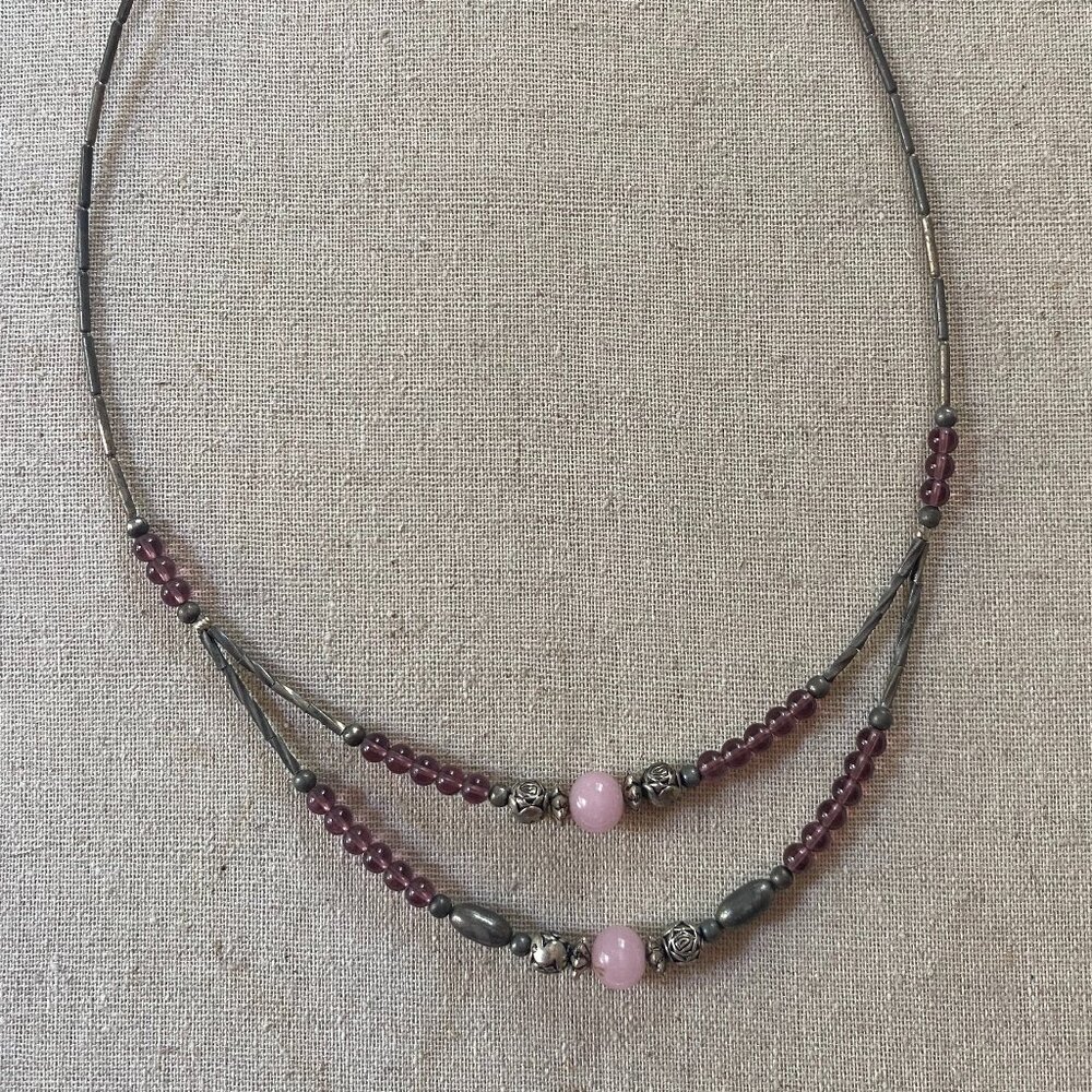 BAUBLEBAR Silver PINK Quartz Bead Double Strand Y2K Collar Necklace BOHO - Picture 3 of 4
